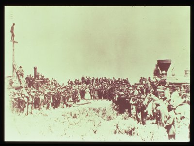 Meeting of the Union Pacific and the Central Pacific Railways at Promontory Point, Omaha, 10th May 1869 by American Photographer